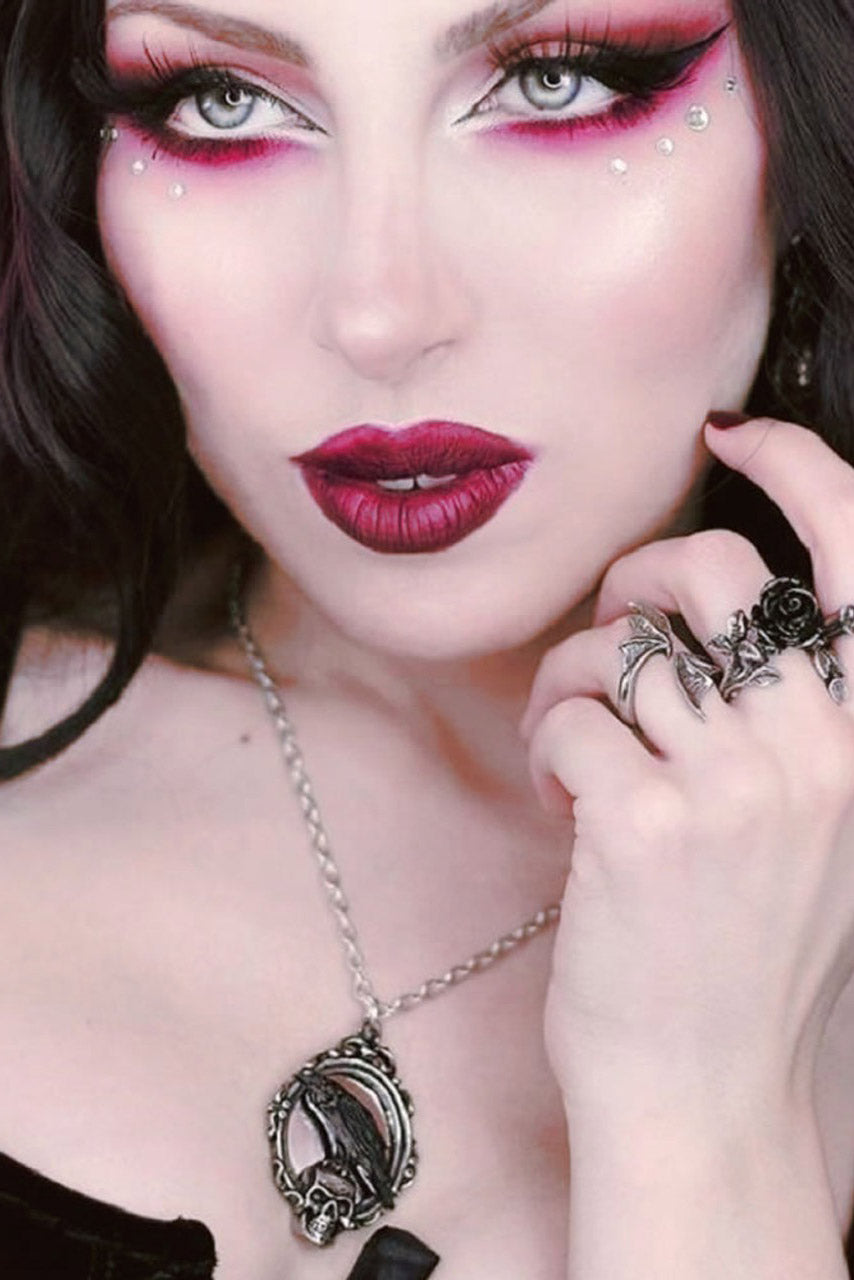 alchemy england gothic raven pendant necklace with skull and cameo frame on metal trace chain