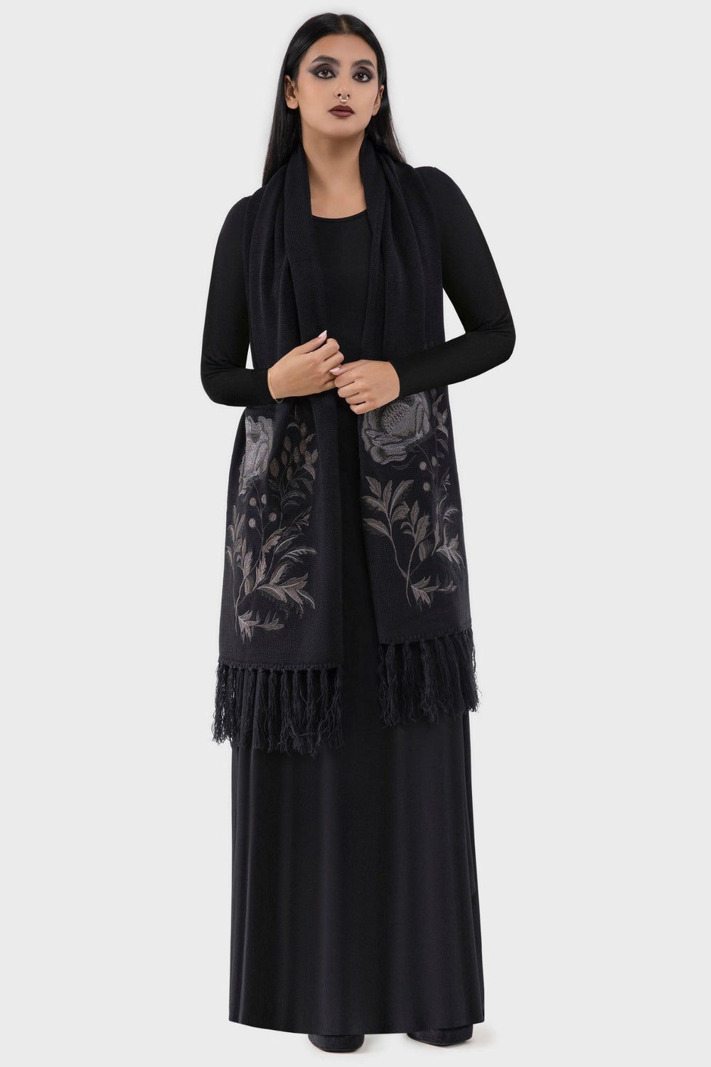 gothic dark cottagecore embroidered rose scarf with fringe 