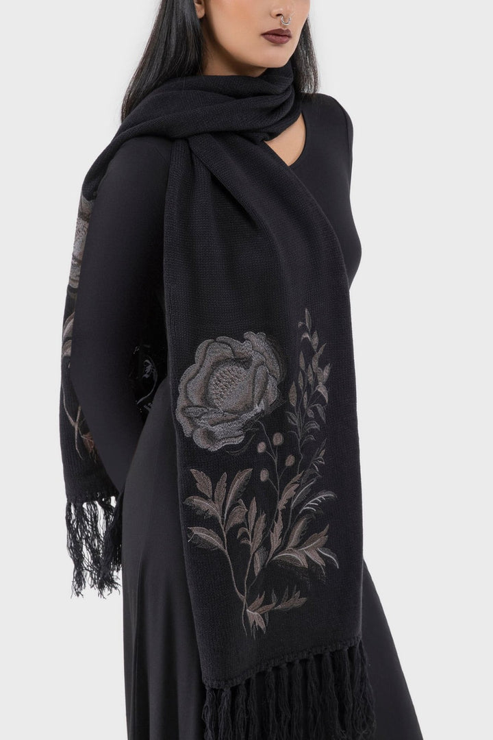whimsigoth dark cottagecore embroidered rose scarf