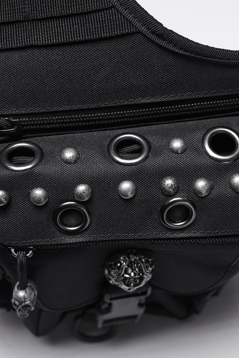 buckled distressed studded skull waist bag