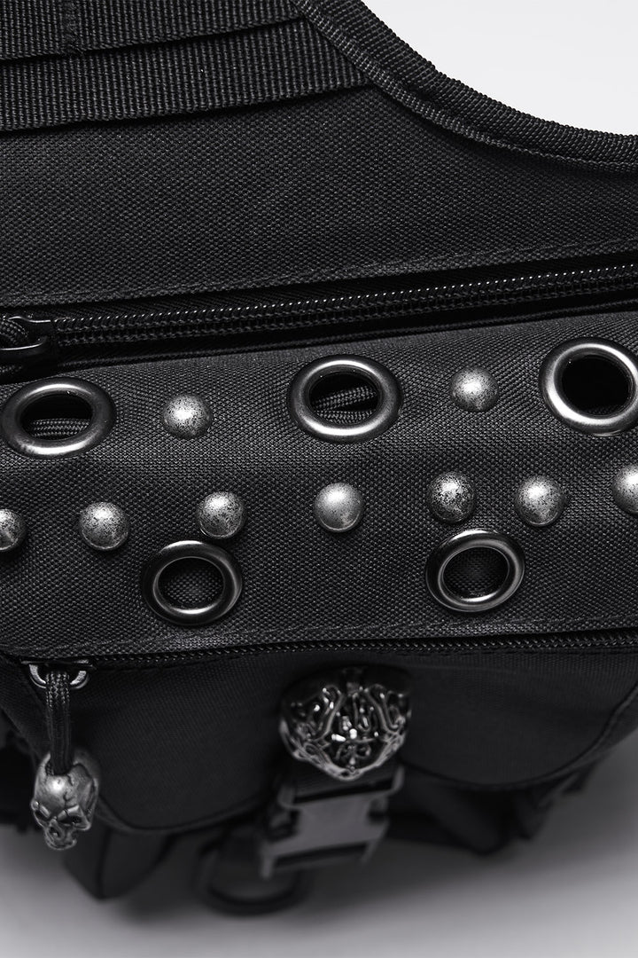 buckled distressed studded skull waist bag