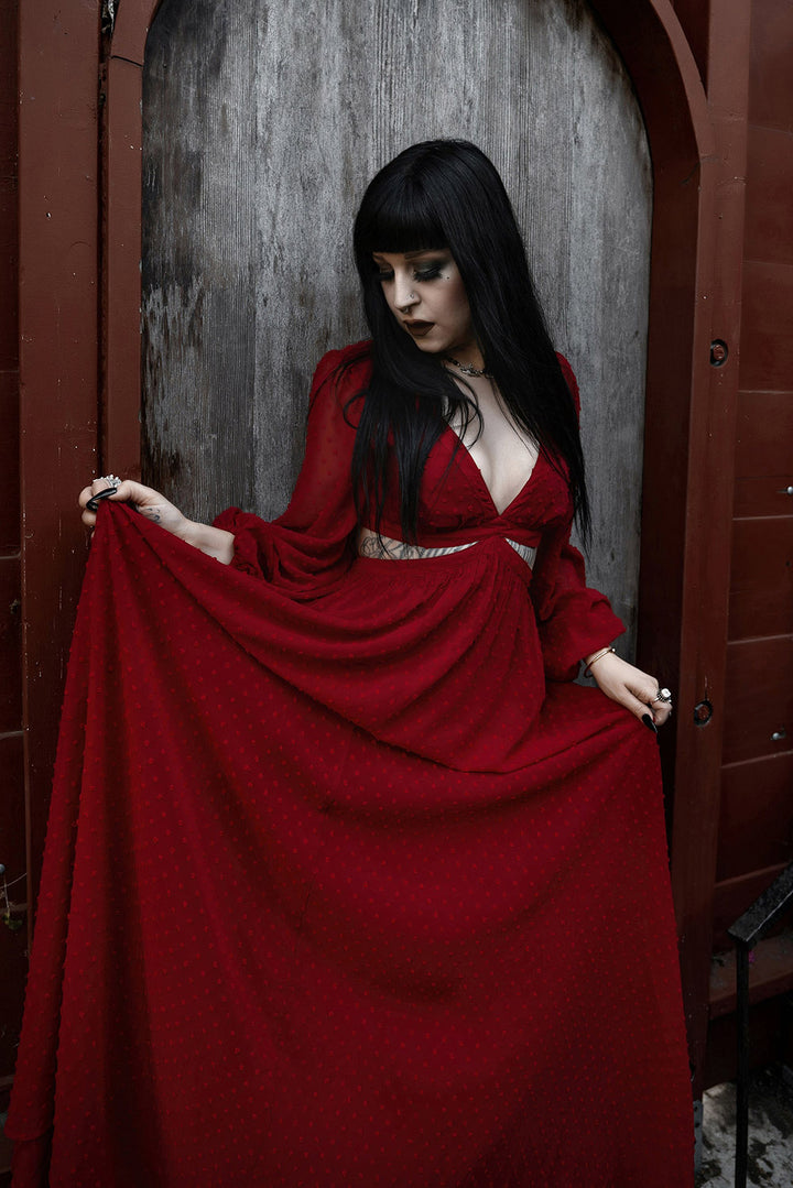 deep v-neck dark red dress