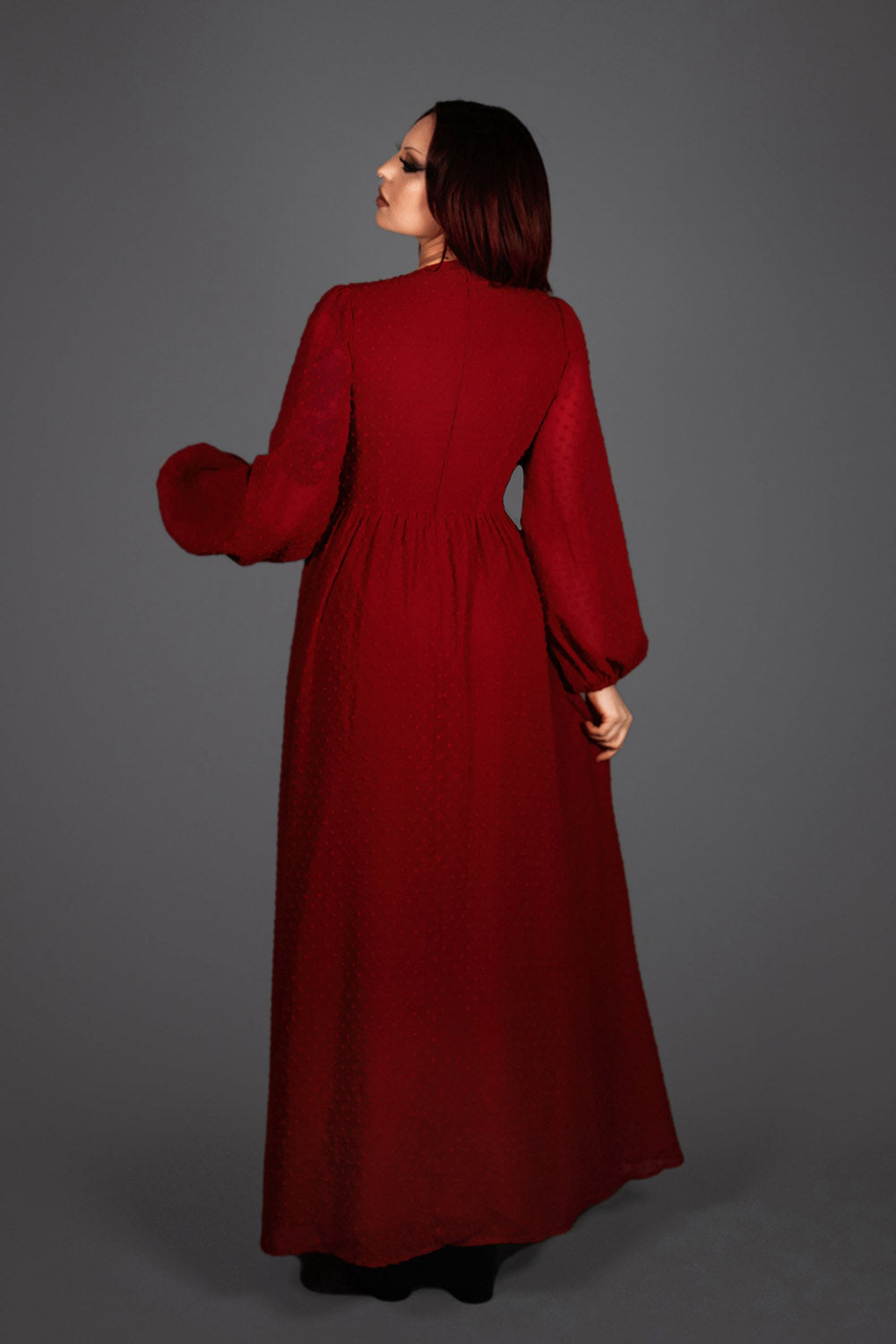 balloon sleeve maxi length dark red dress