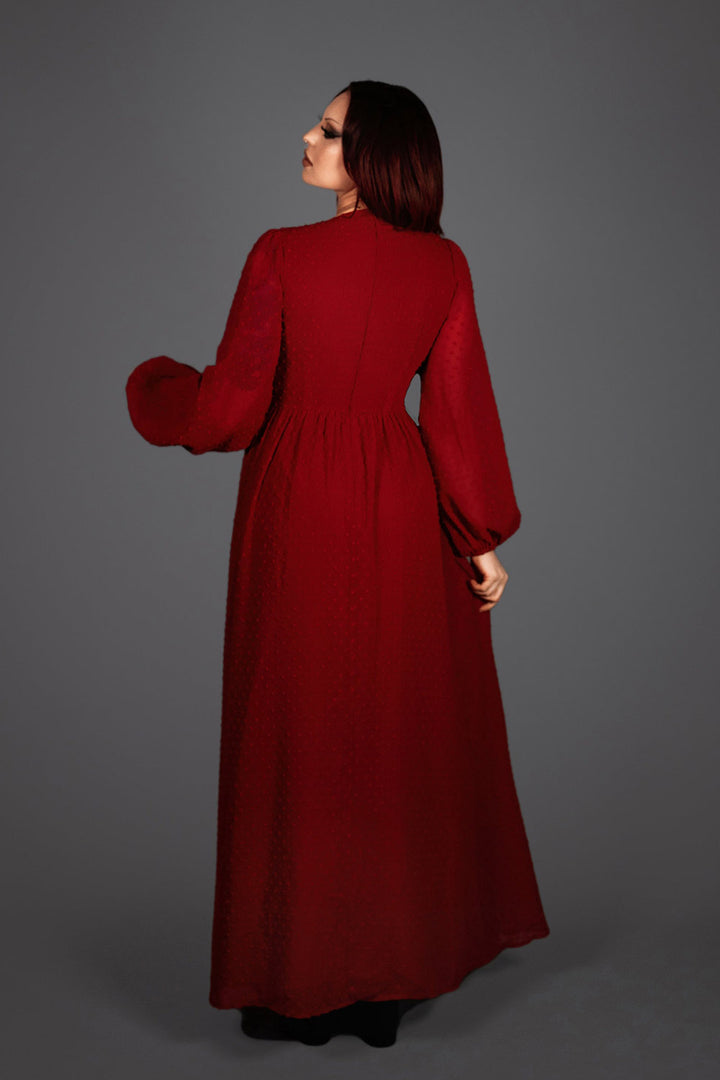 balloon sleeve maxi length dark red dress