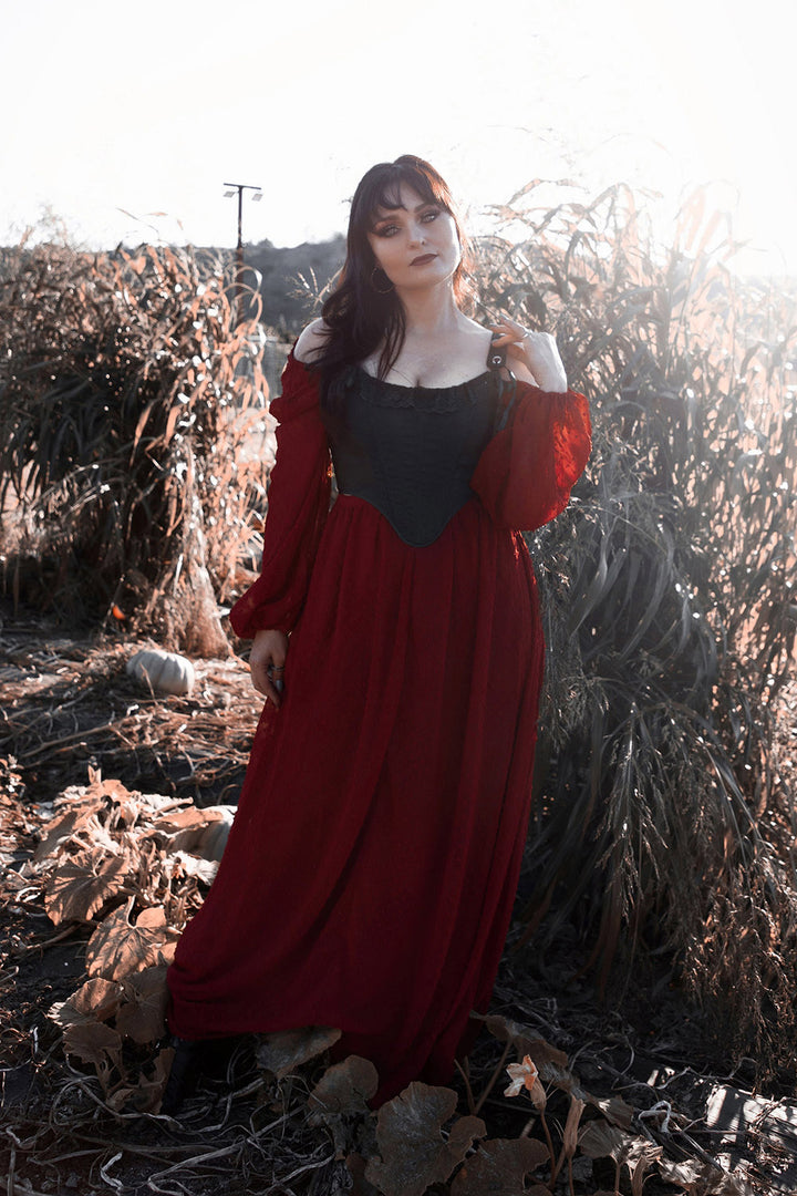 lively ghosts witchy maxi length dark red dress