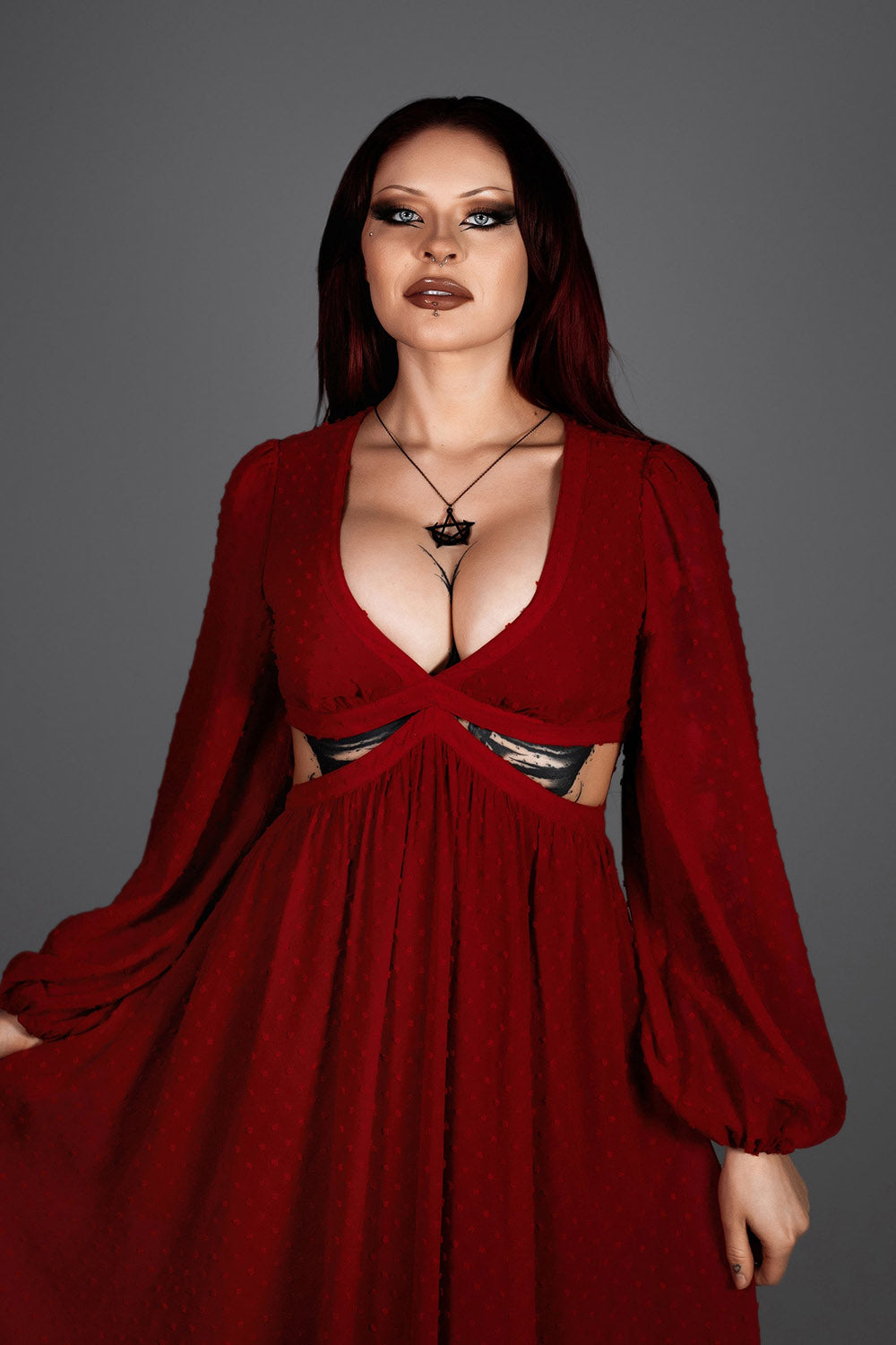 plunging neckline maxi length dark red dress