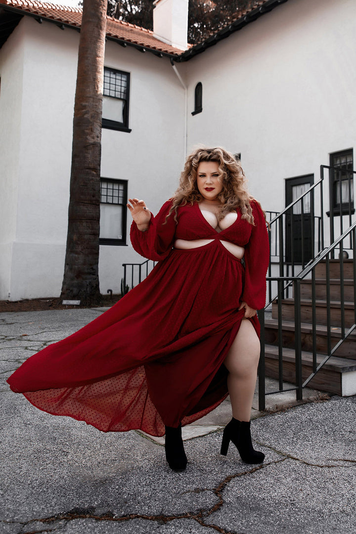 long flowy plus size maxi length dark red dress