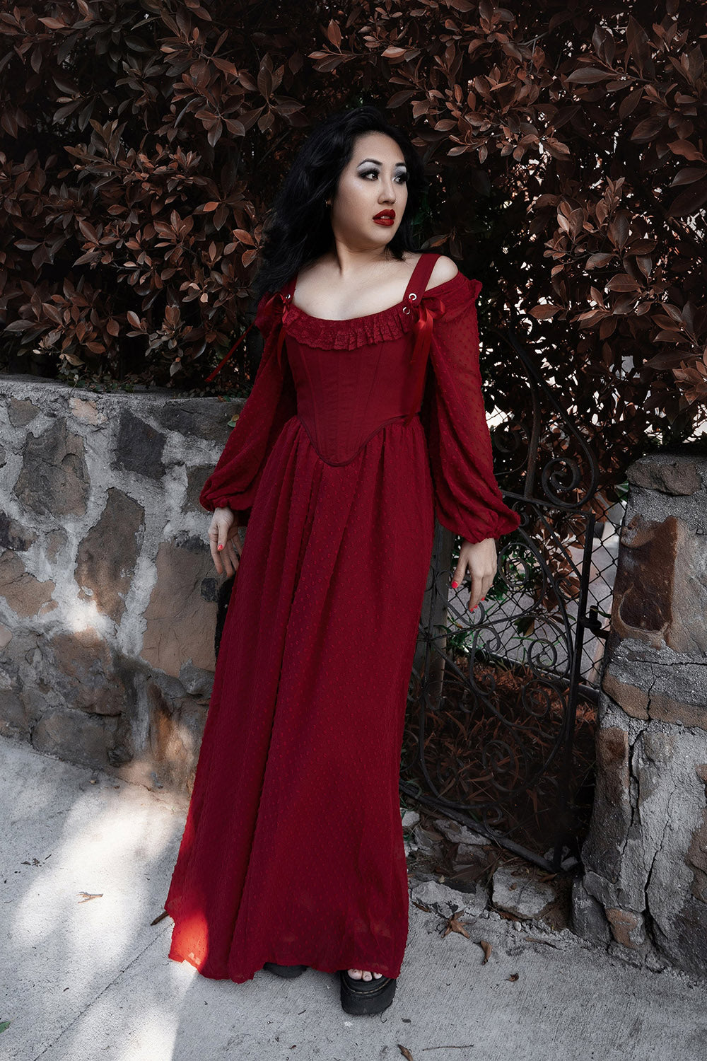 lively ghosts maxi length dark red dress
