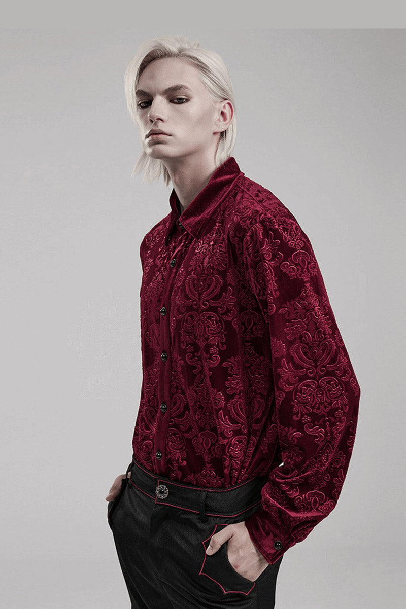 dark velvet long sleeve button Down mens red damask shirt