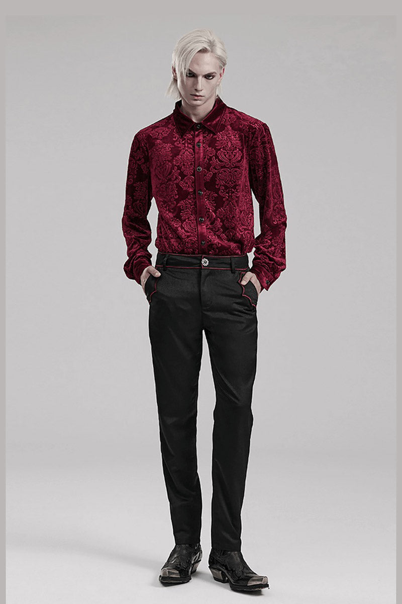 gothic long sleeve button Down mens red damask shirt