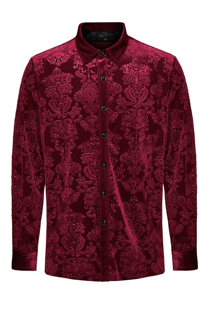 Jacquard long sleeve button Down mens red damask shirt