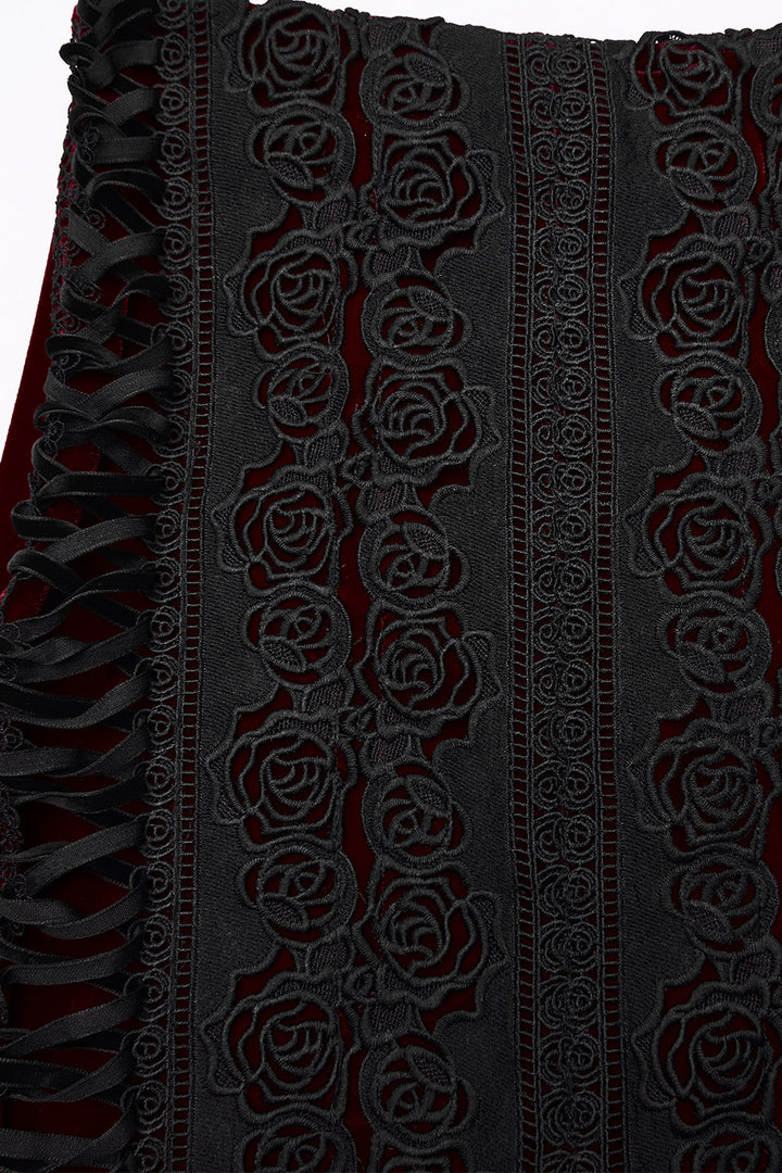 rich dark red lace-up irregular asymmetric hem skirt with flower embroidery 