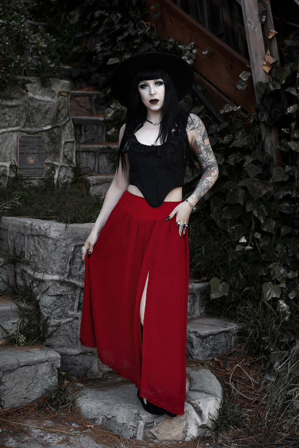 red high-waisted skirt