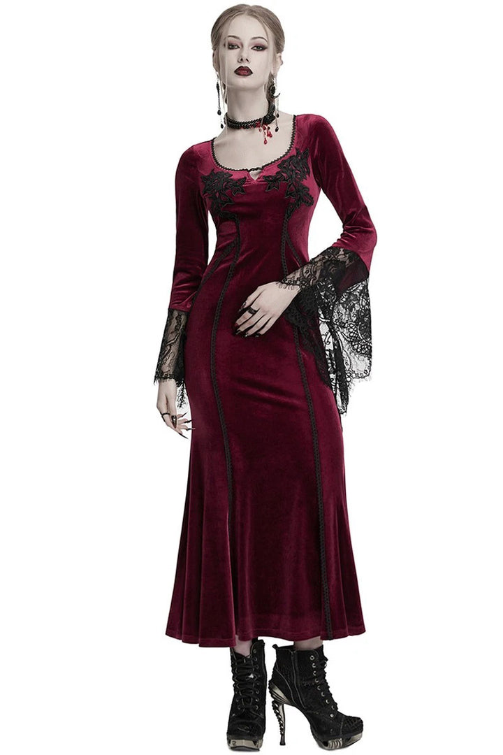 red velvet long maxi dress with lace sleeves
