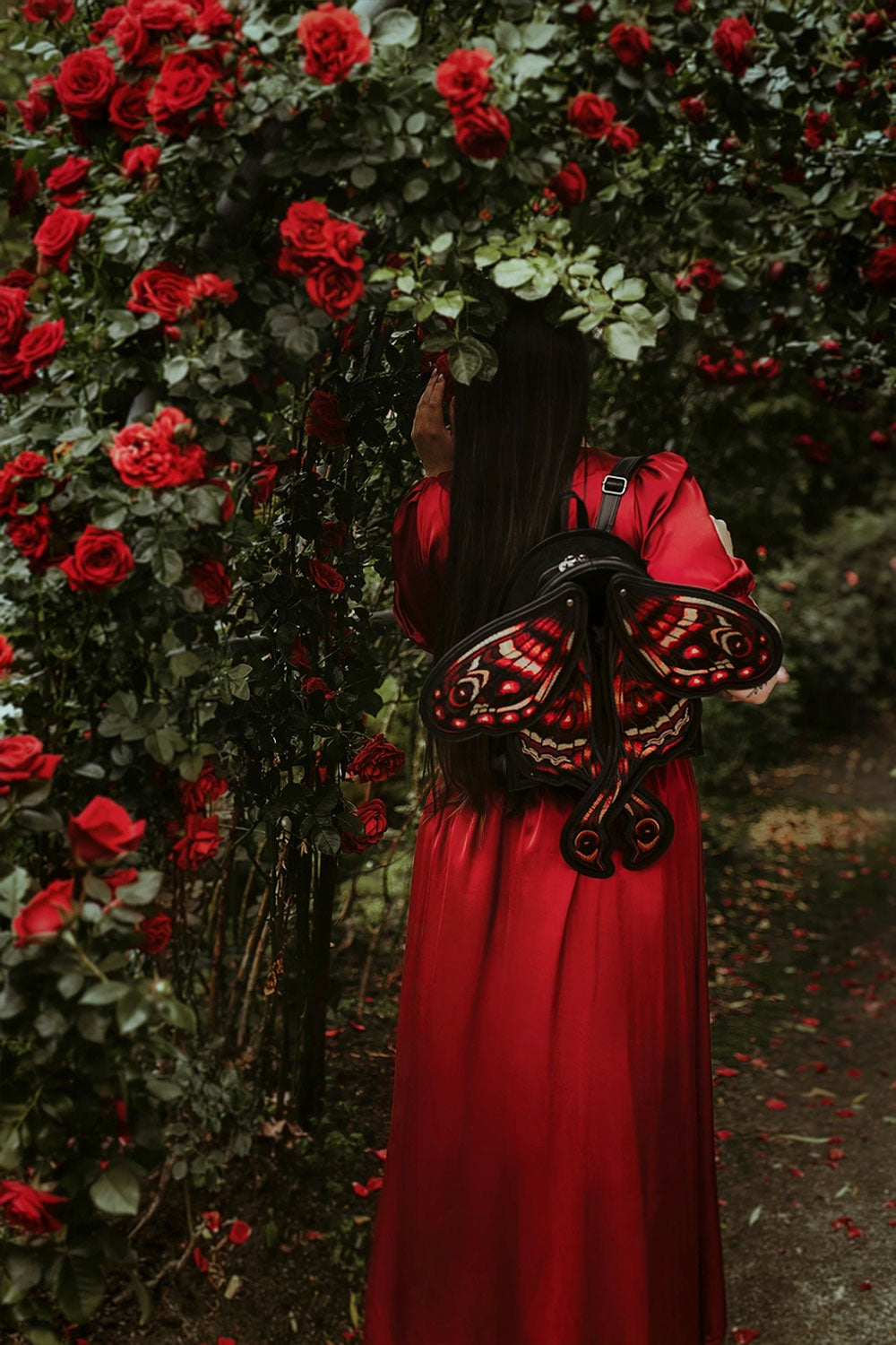 Goth style occult red moth backpack