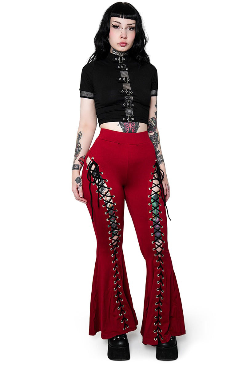red lace-up pants