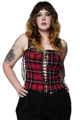 lace up corset womens top in red plaid