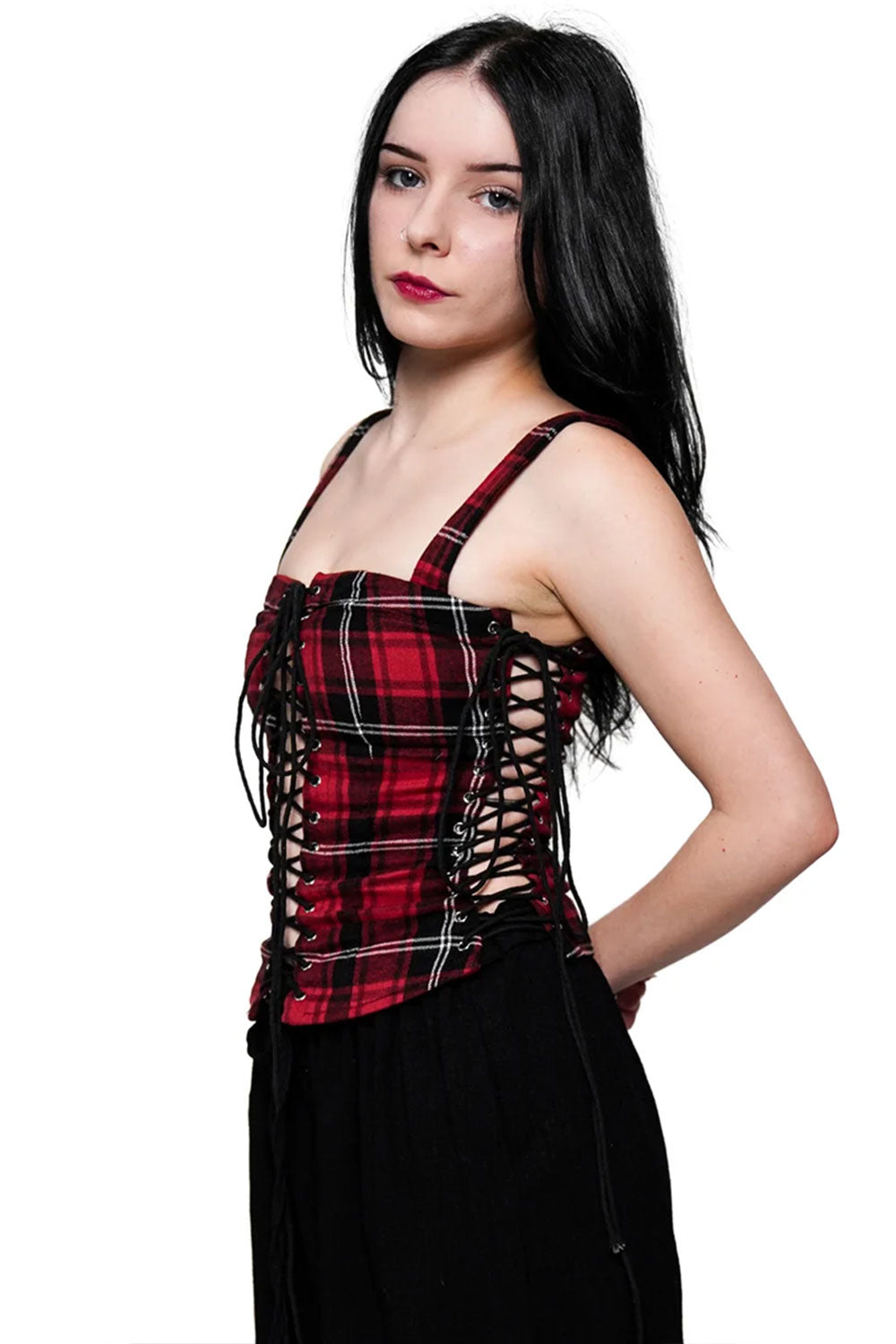 cute punk red plaid lace up corset top for women
