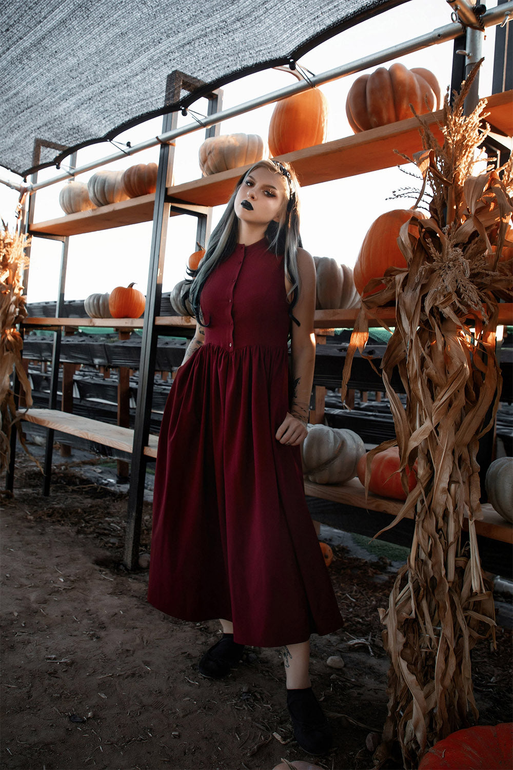 high neckline button-up red sleeveless dress with pockets by lively ghosts 