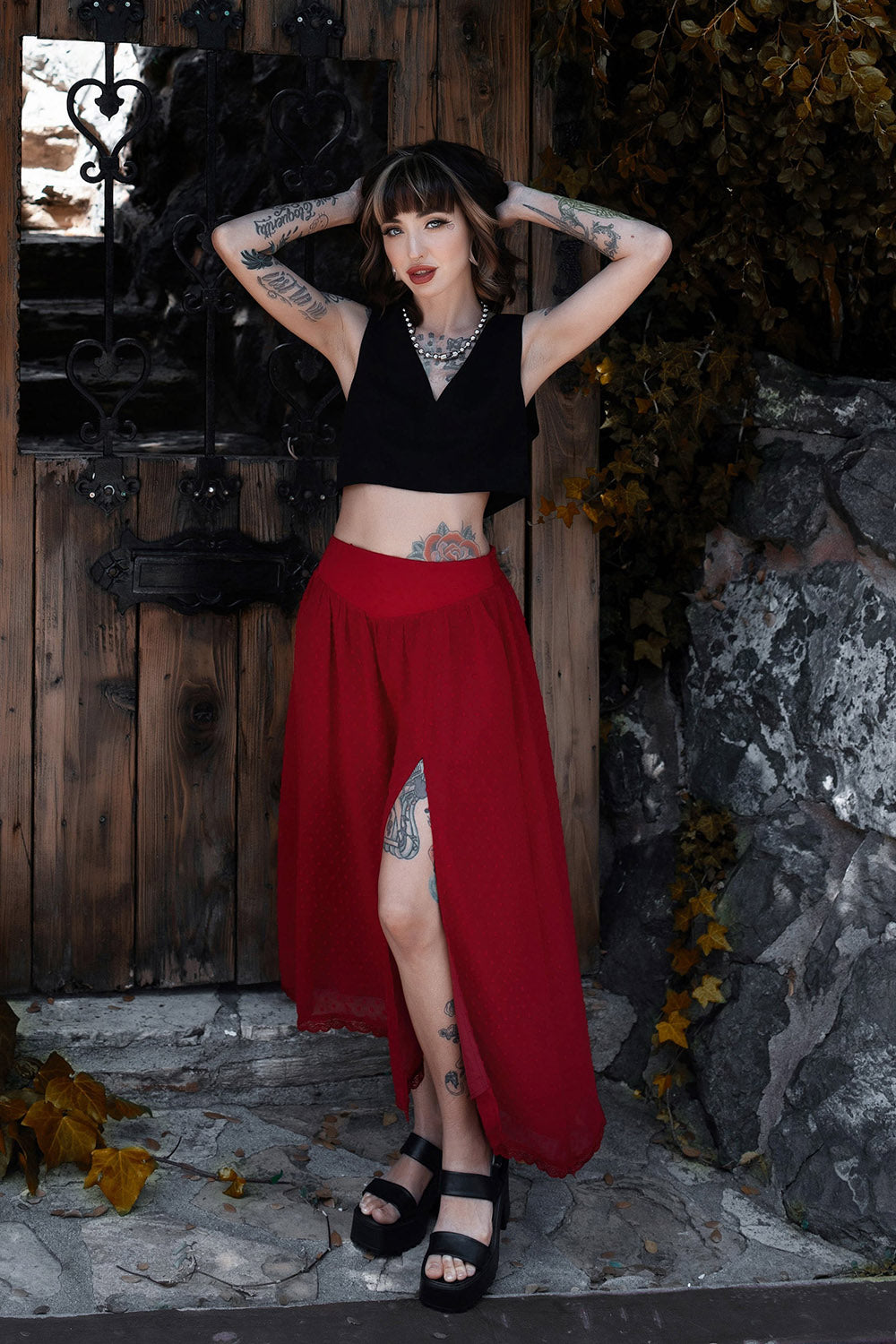womens red high-waisted skirt