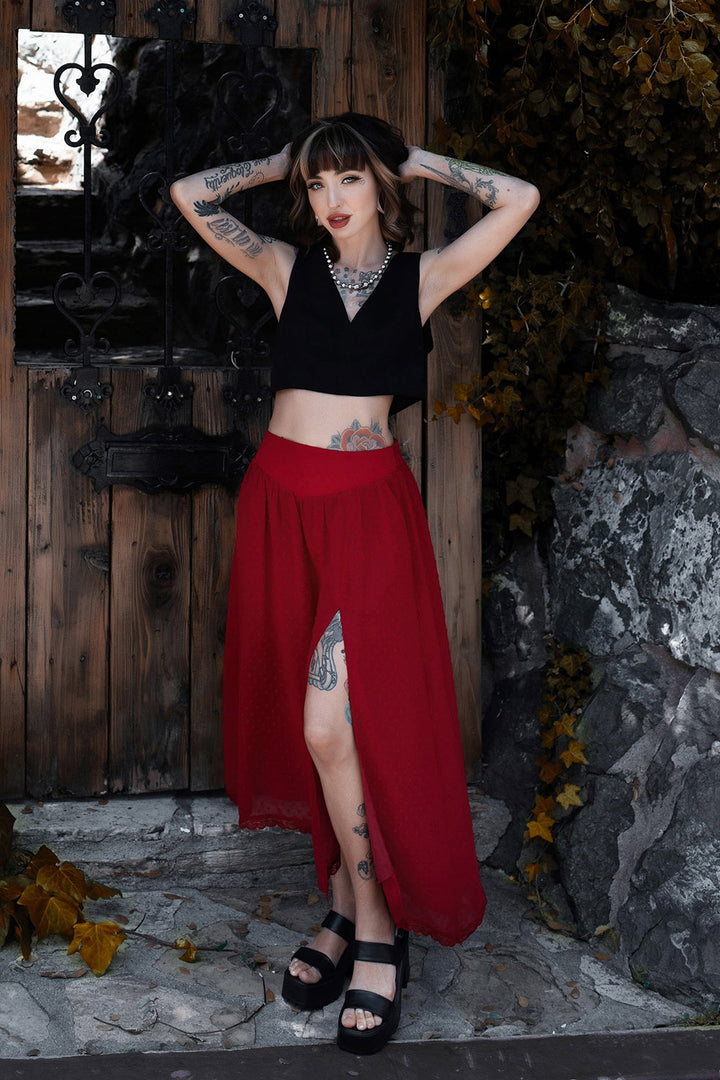 womens red high-waisted skirt