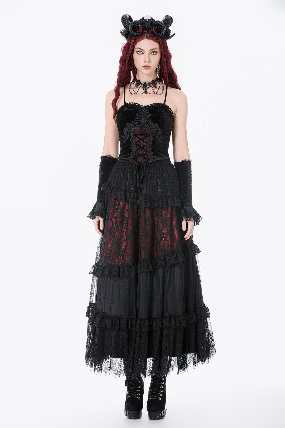 high rise red and black lace patchwork skirt