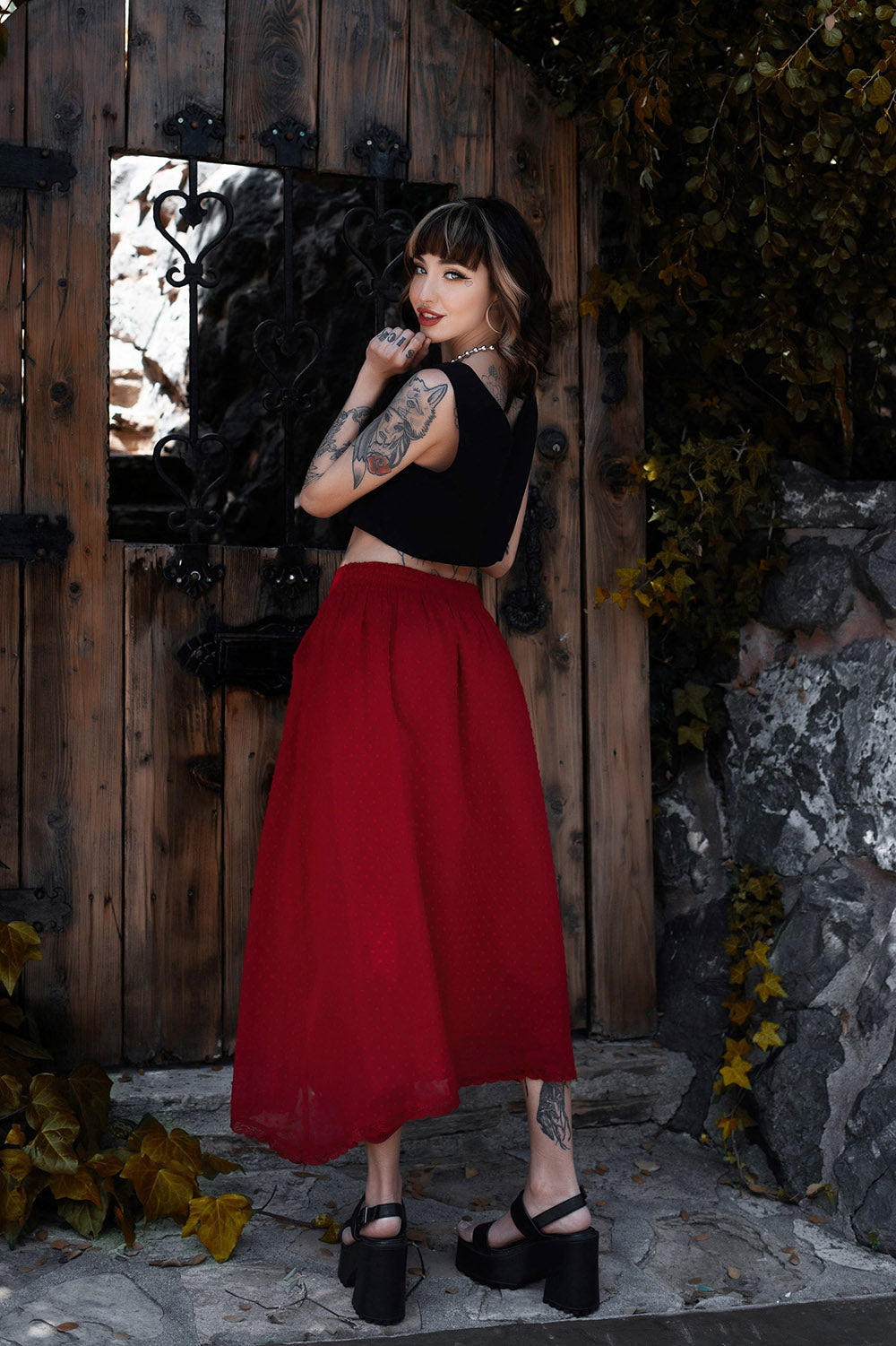 deep red high-waisted skirt