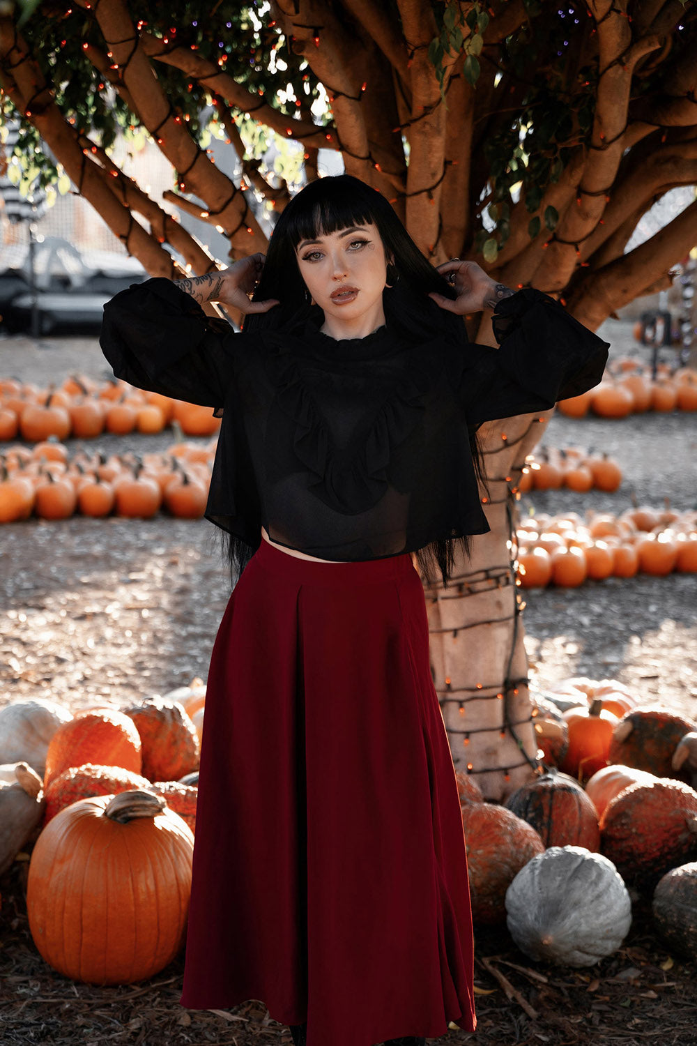 high-rise dark red skirt