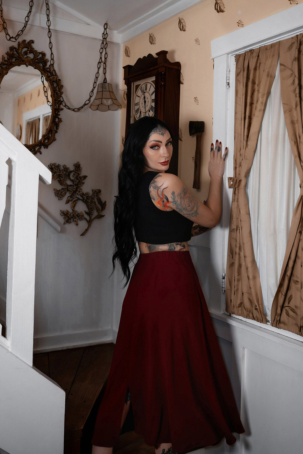 dark red skirt with pockets