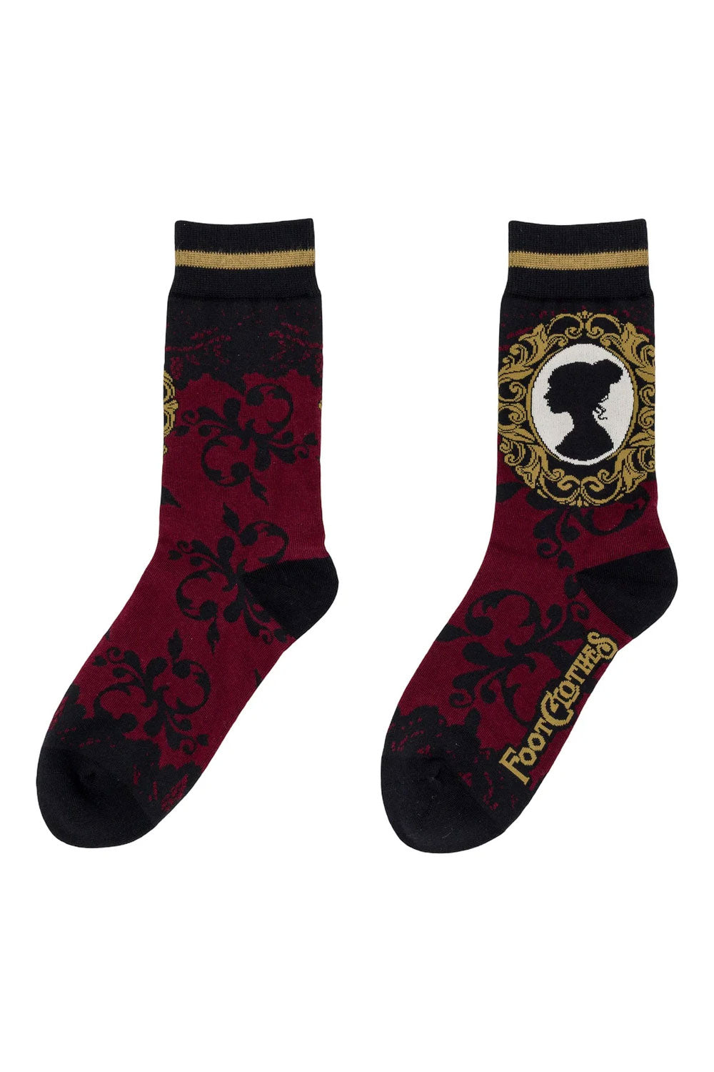 black deep red gold crew socks with mourning brooch graphic