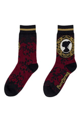 black deep red gold crew socks with mourning brooch graphic