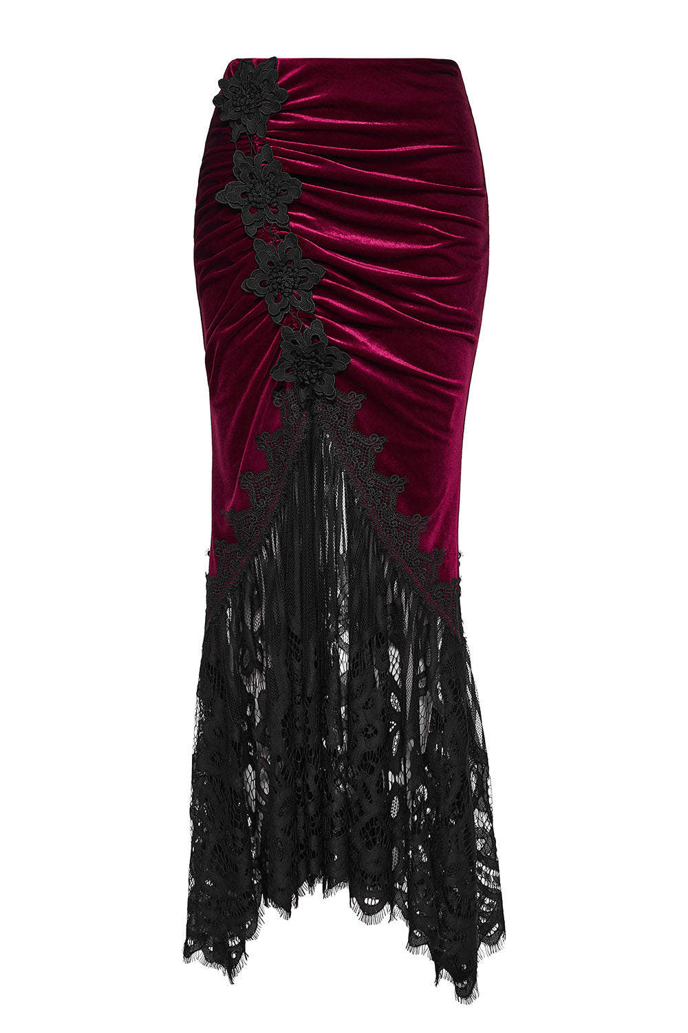 floral long maxi ruched dark red velvet skirt