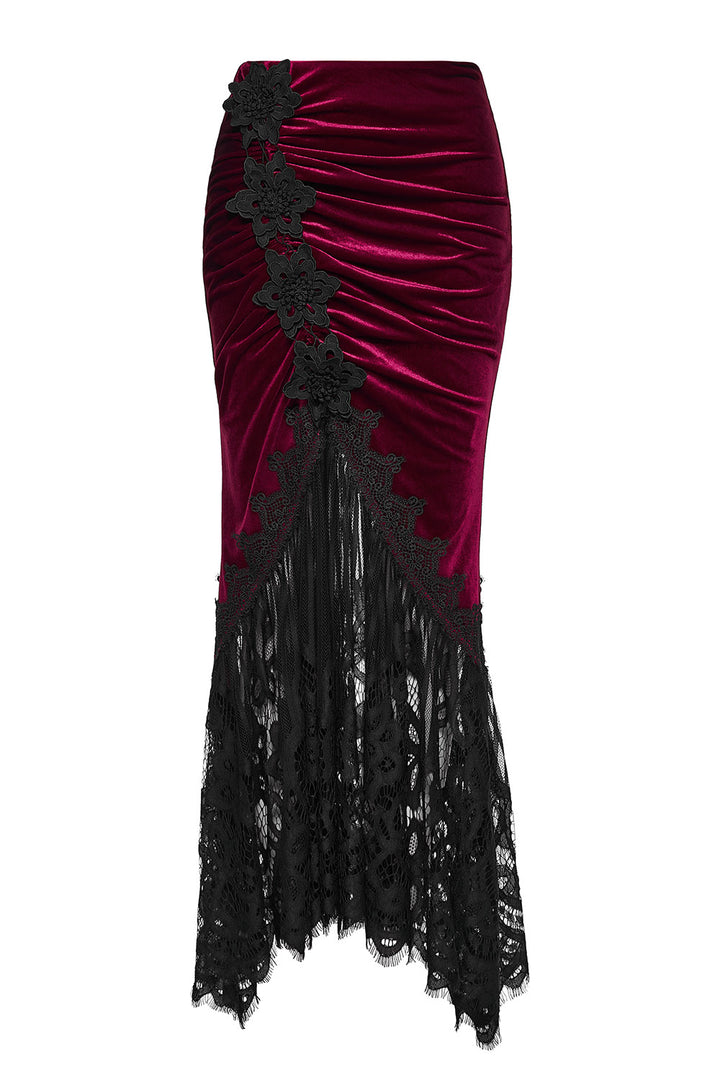 floral long maxi ruched dark red velvet skirt