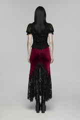 embroidered long maxi ruched dark red velvet skirt