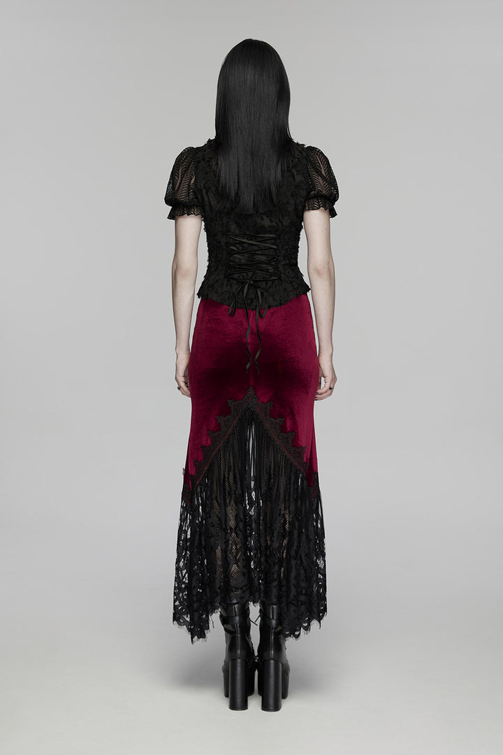 embroidered long maxi ruched dark red velvet skirt