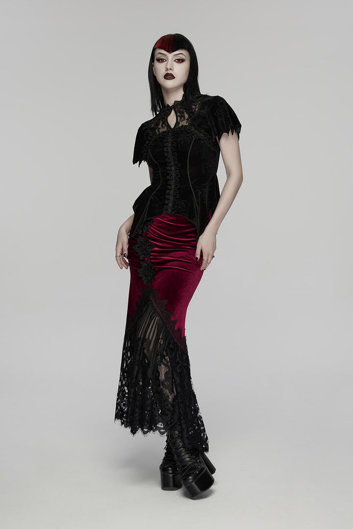 long maxi ruched dark red velvet skirt