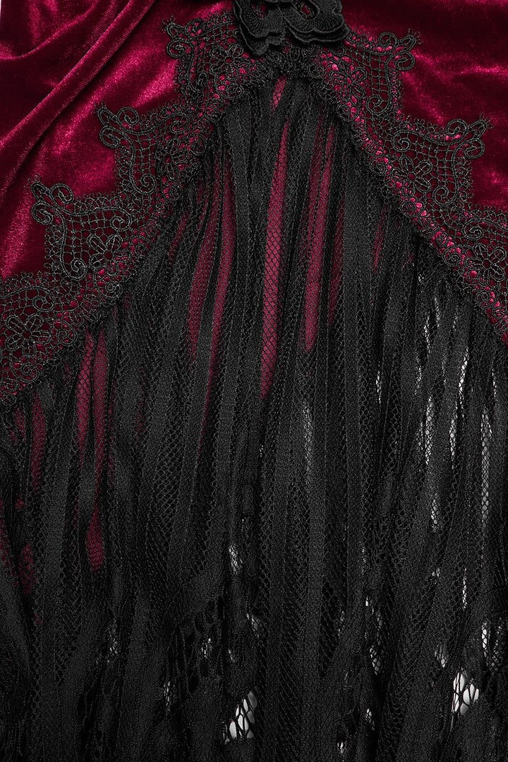 highwaisted embroidered flower long maxi ruched dark red velvet skirt