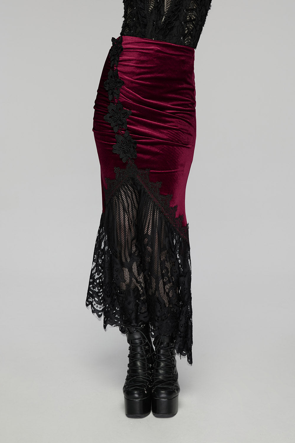 dark red velvet skirt with lace hem