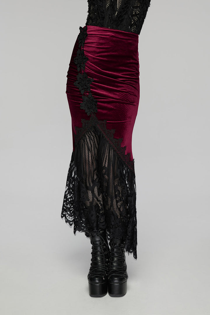 dark red velvet skirt with lace hem