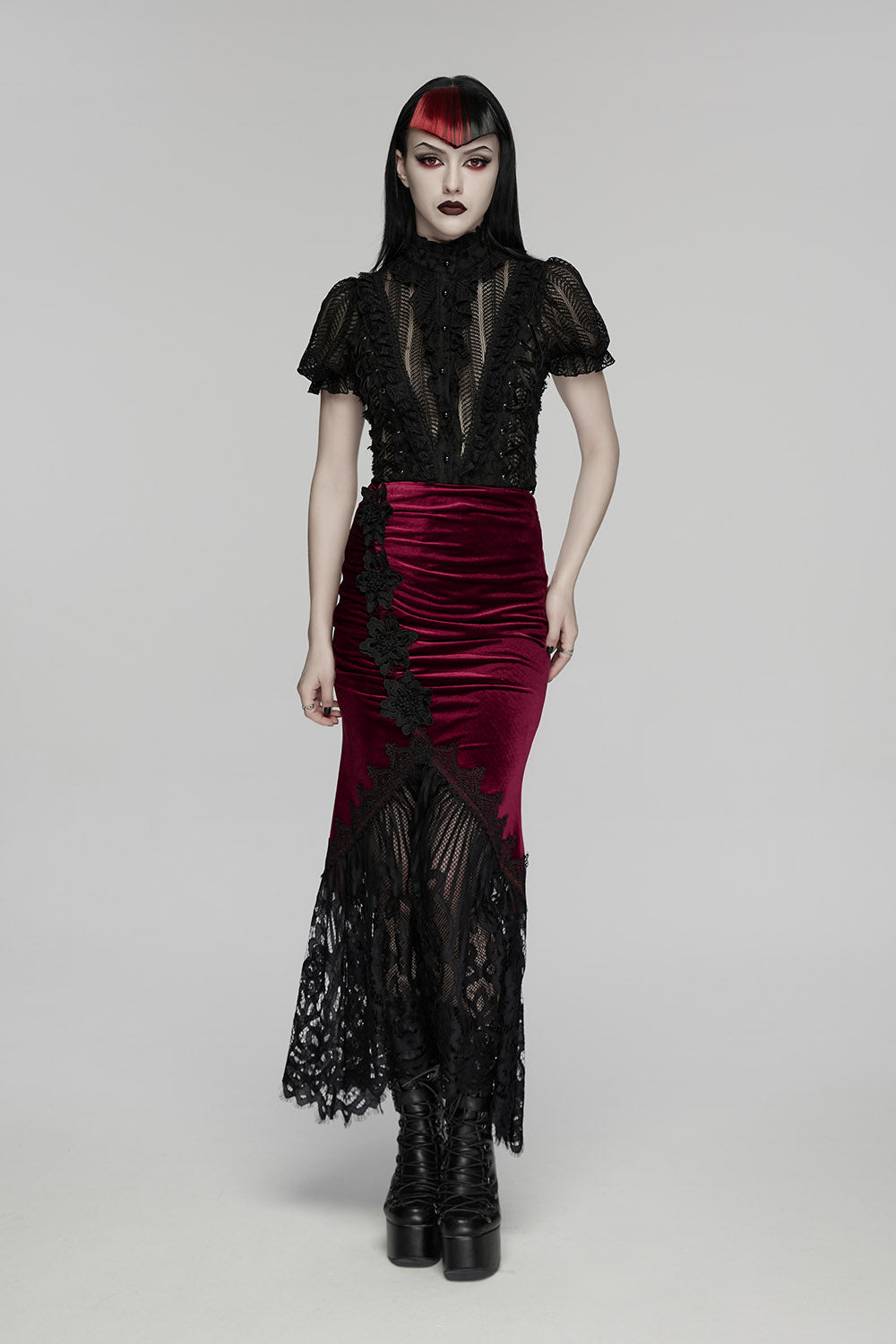 ruched dark red velvet skirt