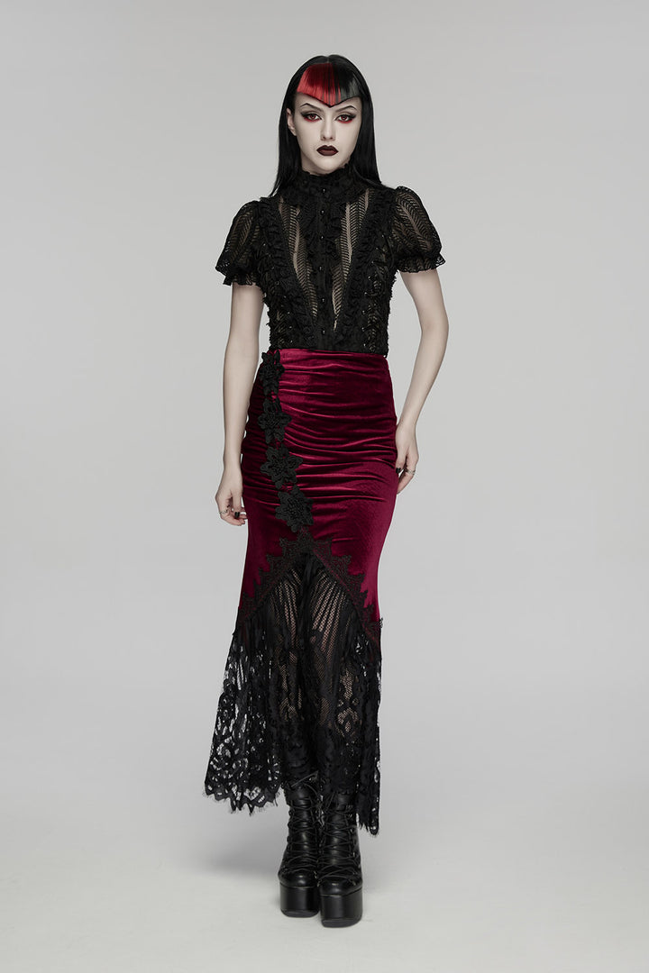 ruched dark red velvet skirt