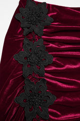 embroidered flower long maxi ruched dark red velvet skirt