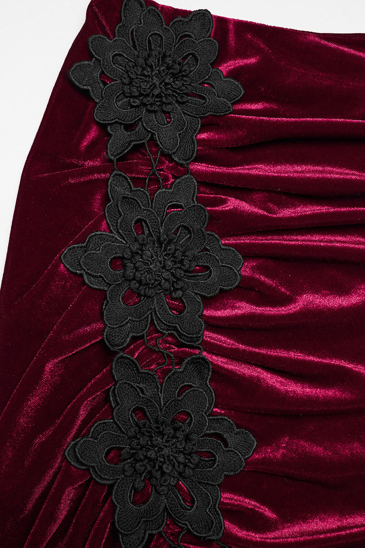 embroidered flower long maxi ruched dark red velvet skirt