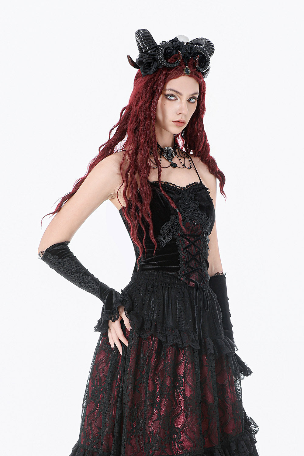 black velvet sweetheart neckline red and black steampunk tank top