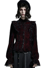 ruffled black and red velvet long sleeve top by punk rave