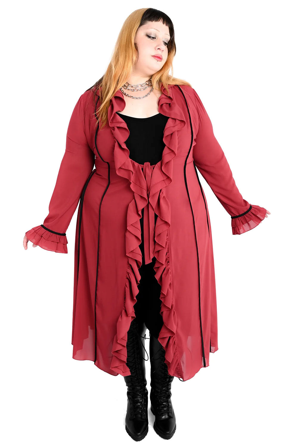 romantic goth burgundy night gown duster with ruffles on the front and sleeve cuffs