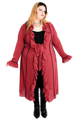 romantic goth burgundy night gown duster with ruffles on the front and sleeve cuffs