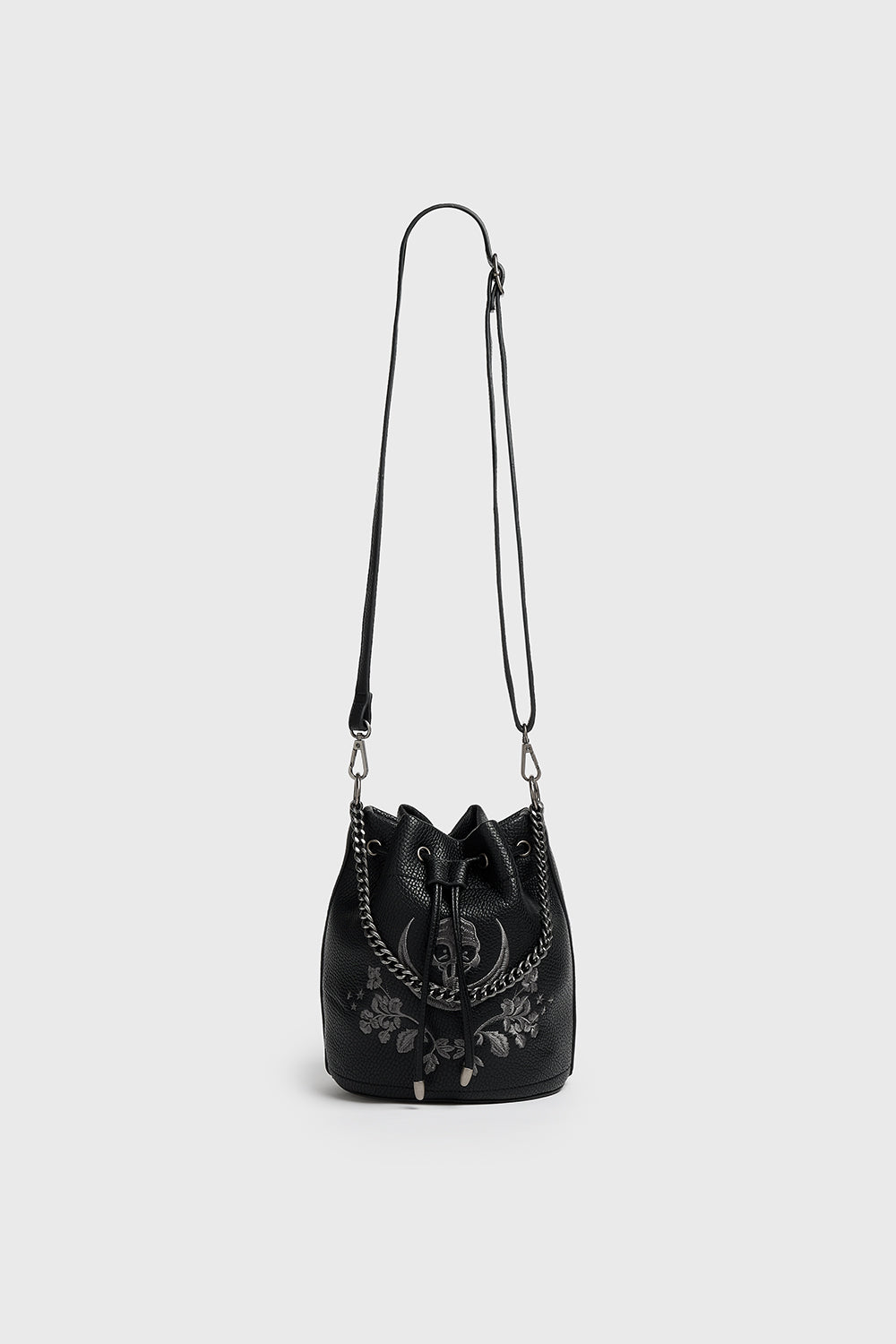 black vegan leather embroidered dark cottagecore bucket bag purse