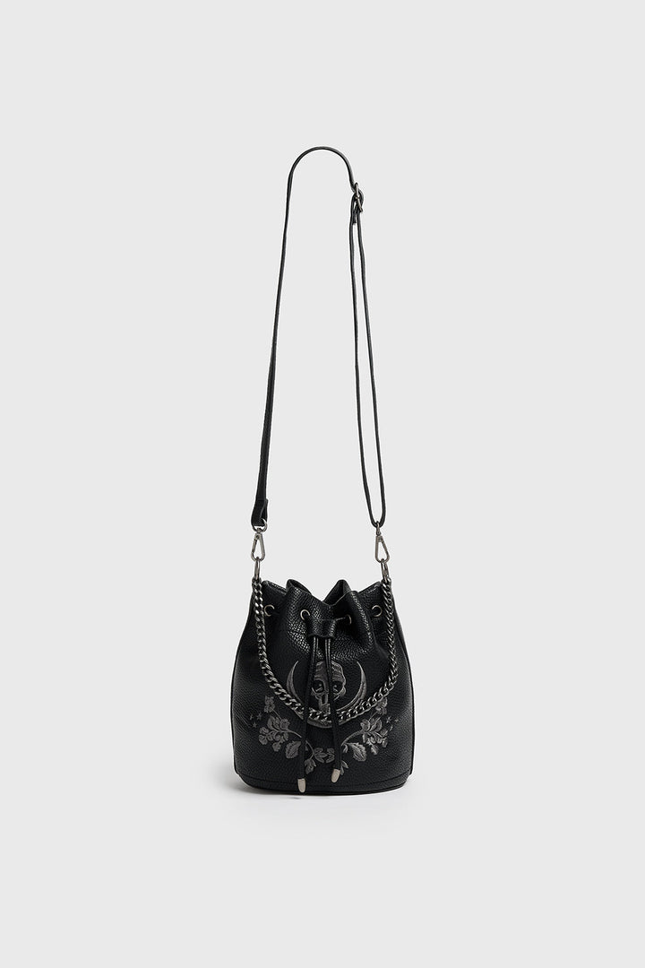 black vegan leather embroidered dark cottagecore bucket bag purse