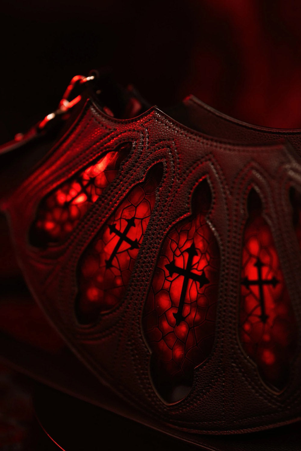 red and black vegan leather gothic cathedral purse